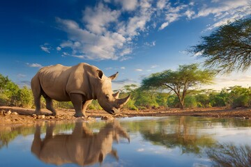 Obraz premium Rhinocerous drinking water under Beautiful Sky in Natural Habitat