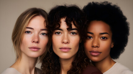 Portrait of three diverse young women with natural makeup and glowing skin. Multiethnic female group posing together. Beauty, skincare and diversity concept
