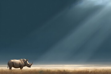 Fototapeta premium Rhinocerous Standing Alone Under Dramatic Sky with Rays of Light