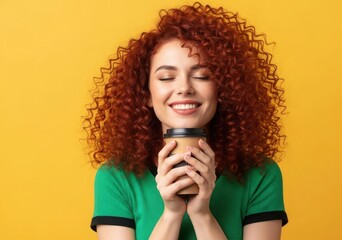 Woman with curly red hair holding coffee cup with eyes closed smiling image photo