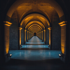 Obraz premium Long corridor with symmetrical stone arches, illuminated by warm yellow lights, creates a dramatic architectural passage. It features a mysterious hallway with cool blue floor tiles and a striking tun