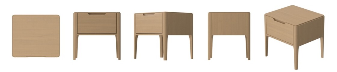 This image showcases a modern wooden nightstand from multiple angles, highlighting its design and construction against a clean white backdrop.
