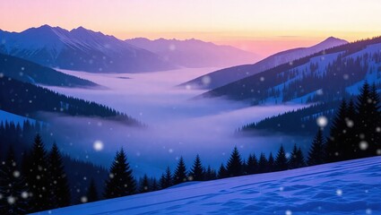 Obraz premium Serene Winter Sunset Over Misty Mountain Valley