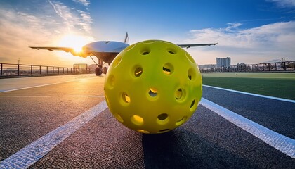 pickleball ball and paddle pickleball bal paddle sport sport closed up road football soccer transport travel street transportation airport sky car plane airplane stadium city bridg