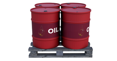 Red Oil Barrels with Labels on Wooden Pallet &ndash; Industrial Petroleum Storage