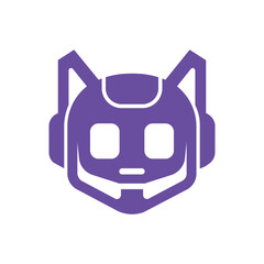 Vector art of purple robot cat head logo with ears and headphones