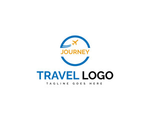 Blue circle with yellow airplane and text Journey and Travel Logo Tagline Goes Here journey logo airplane logo
