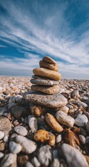A carefully balanced stack of stones sits atop a beach of varied pebbles under a vibrant blue sky with scattered clouds