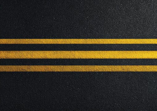 Dark asphalt road surface with three parallel yellow lines
