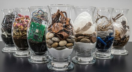 Fototapeta premium Glass Urns with Contrasting Industrial Waste and Natural Elements