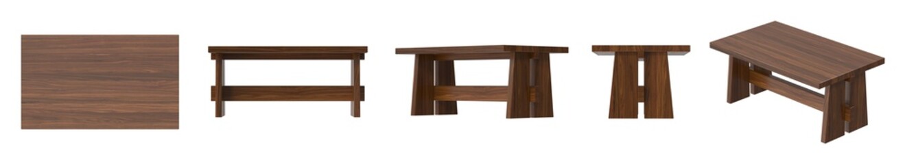 This image showcases a wooden table from multiple perspectives, highlighting its design and texture against a clean white backdrop.