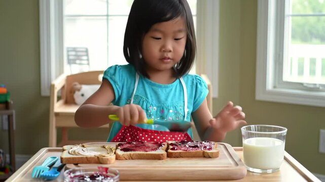 Cute asian little girl making peanut butter and jelly sandwiches in her house. Child prepares snack