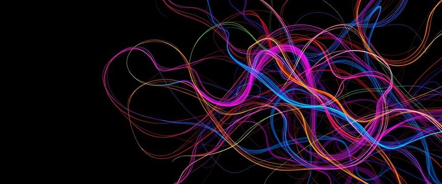 Intricate network of flowing, multicolored abstract lines on a dark background, geometric, curve - Powered by Adobe