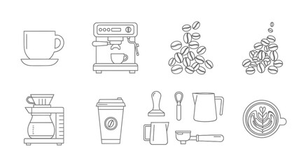 Coffee brewing equipment outline vector icons - coffee cup, espresso machine, beans