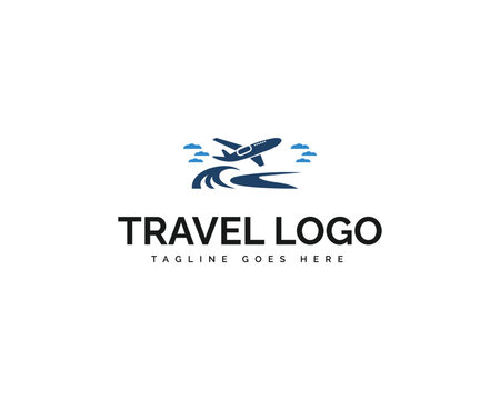 Blue airplane flying over stylized waves and clouds with text T R A V E L O G O travel logo