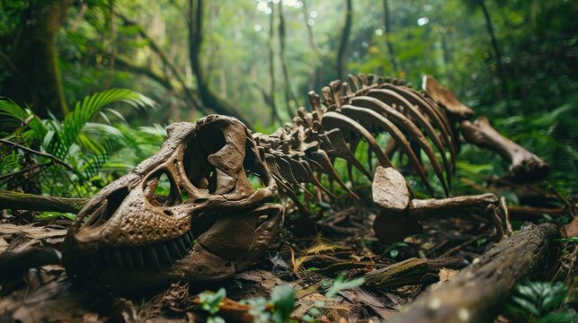 Dinosaur skeleton in lush forest