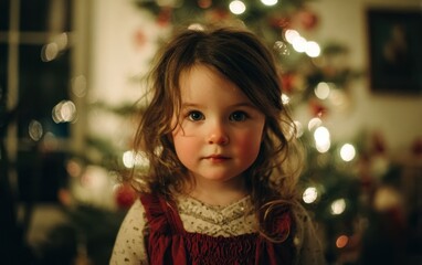 Fototapeta premium Adorable little girl with innocent eyes gazes into the camera, bathed in the warm glow of a festive Christmas tree.