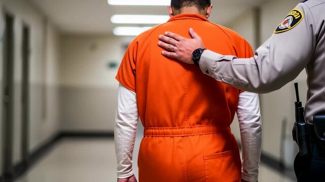 Officer places hand on man in orange uniform's back while walking down a hallway in a correctional facility, prison environment footage.