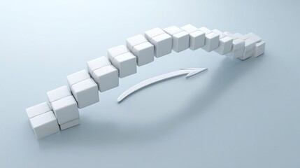 Strategic Planning Concept: White 3D Blocks Rising in Staircase Formation with Curved Arrow, Soft Shadow on Clean Light Grey Background