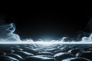 Ethereal fog and light horizon over rocky terrain