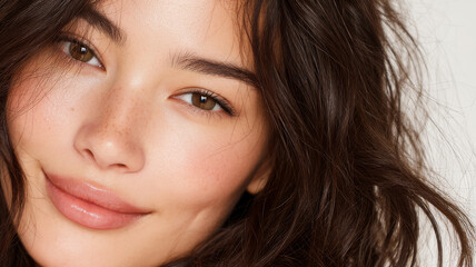 Obraz premium Young asian woman with curly brown hair looking at camera smiling. Beauty close-up portrait of natural glow makeup. Healthy skin. Generative AI