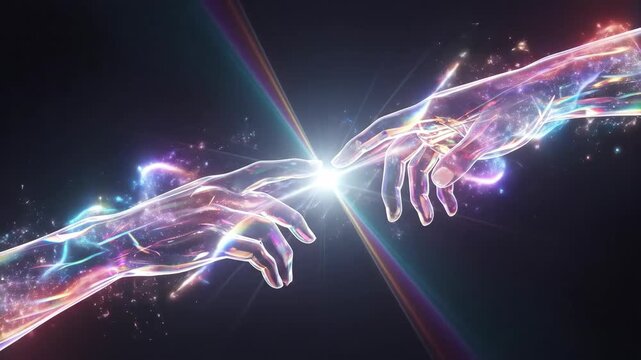 Two glass transparent hands with colorful refraction light touch, creating a bright spark and cosmic dust trails. Abstract connection animation.