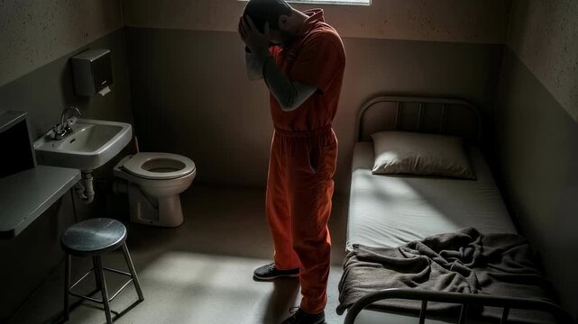 A man in an orange jumpsuit experiencing despair and sorrow in a dimly lit prison cell, depicting isolation and emotional struggle footage.