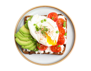  Poached Egg on Toast with Sliced Avocado and Tomato, Top View, isolated on transparent background