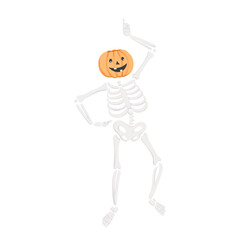 Skeleton with a Pumpkin Head in dynamic pose. Hand drawn funny scary illustration isolated on a background. Perfect for Halloween designs, spooky decorations, posters, invitations.