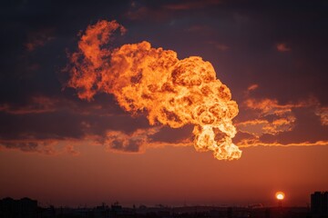 Obraz premium Fiery plume against a dramatic sunset sky over a city