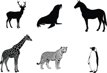 Collection of animal vector illustrations featuring deer, seal, horse, giraffe, leopard, and penguin in silhouette and detailed patterned design.