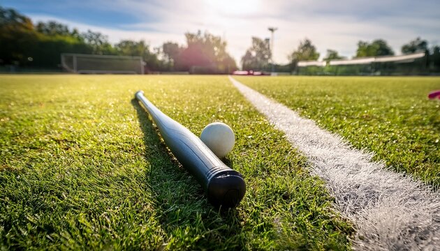 a rounders bat and ball lying on the grass beside a white chalk boundary line casual outdoor games court players action scene outdoor game sport outdoor recreation leisure fun active h