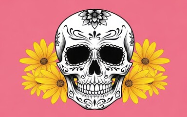 Black and white sugar skull with yellow flowers on pink background Keywords: sugar skull