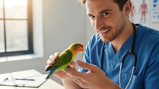 Veterinarian examining a colorful lovebird perched on his hand in a bright office setting with a smile