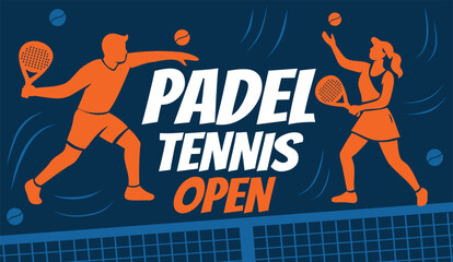 A vibrant vector banner for the Padel Tennis Open. Sporty style, dynamic player silhouettes, and rich orange and blue colors create a modern design for advertising a padel tennis tournament or club
