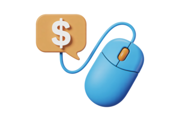 Blue computer mouse connected to a dollar sign speech bubble on transparent background