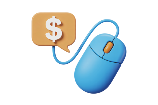 Blue computer mouse connected to a dollar sign speech bubble on transparent background