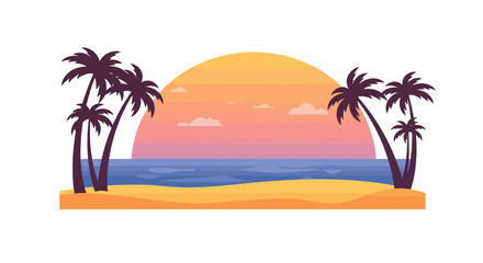 Tropical Beach Sunset with Palm Trees Silhouette Illustration.
