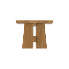 A close-up shot of a wooden table with a distinctive design, showcasing its craftsmanship and natural wood grain against a white background.