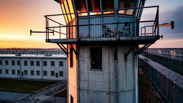 Prison guard tower overlooking correctional facility yard at sunset, showing barbed wire fences, buildings, and grass changing from dusk to nightfall footage.