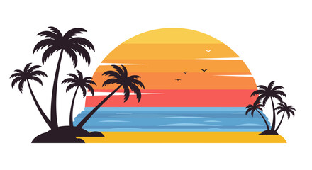 Tropical Beach Sunset with Palm Trees Silhouette Illustration.