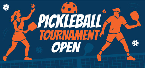  Pickleball Tournament Open. A vibrant vector banner. A sporty style, dynamic player silhouettes, and rich orange and blue colors create a modern design for advertising the pickleball tournament © AyaLinesDesign