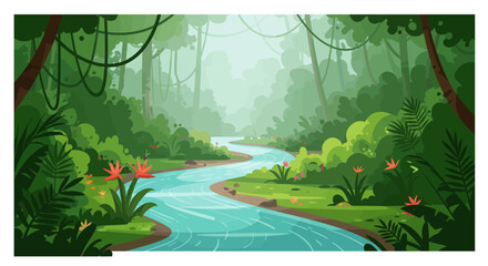 Lush Jungle Landscape with Winding River and Tropical Foliage. © Afif