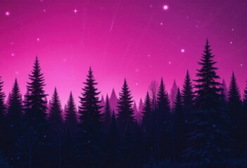 A Beautiful Winter Landscape  Black Silhouette Trees in a Snowy Forest Under a Majestic Magenta Sky