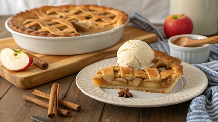 Apple pie with lattice crust and vanilla ice cream on a wooden table