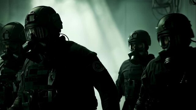 Group of men in tactical military gear and gas masks moving through a smoky, industrial hazmat environment, immersive footage.
