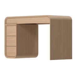 A stylish, contemporary wooden desk with three drawers and a curved design, perfect for home or office use. The desk is isolated on a white background.