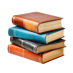Stack of four leather-bound books with gold trim on a black background hardcover, Isolated On White, Png Transparent, Cut Out