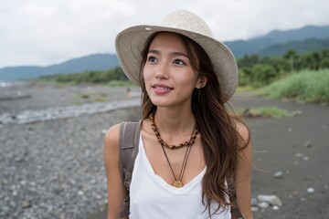 A woman wearing a hat standing on a beach