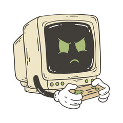 Retro Doodle Cartoon of Computer Character Playing Video Game